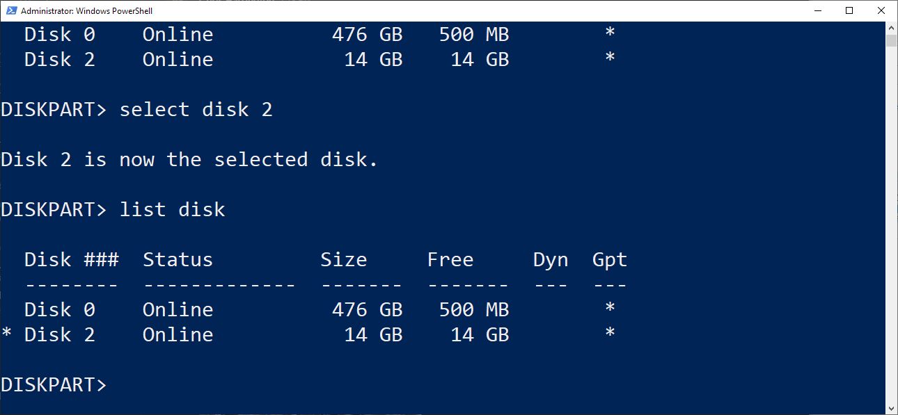 diskpart list disk, after selecting the disk