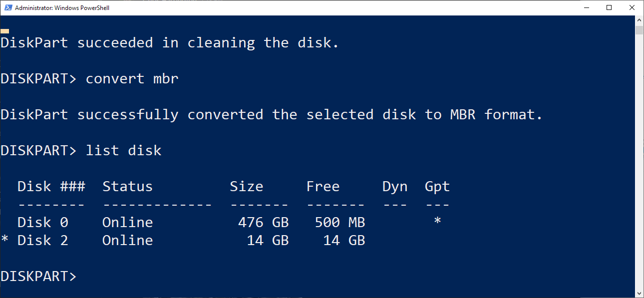 diskpart list disk, after converting to mbr