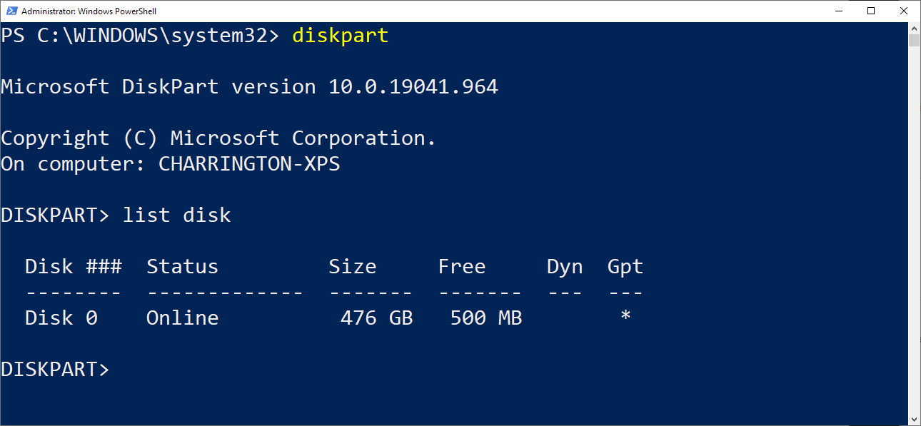 diskpart list disk, before inserting the usb stick