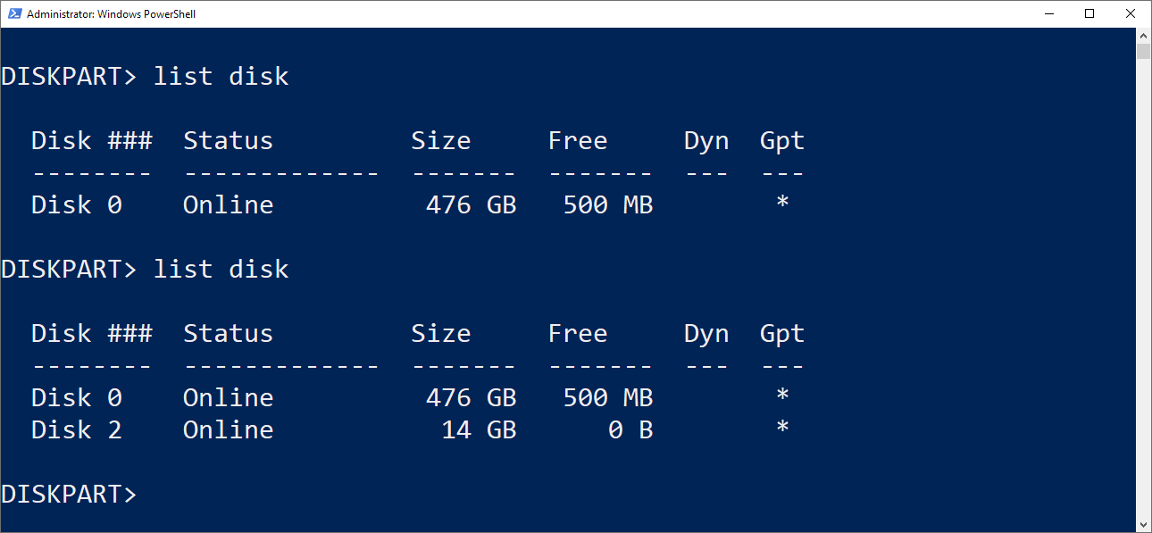 diskpart list disk, after inserting the usb stick